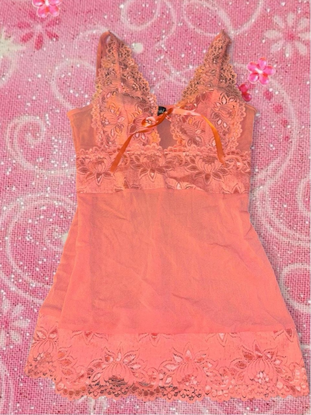 Wet Seal Coral Lace Chemise with Satin Ribbon